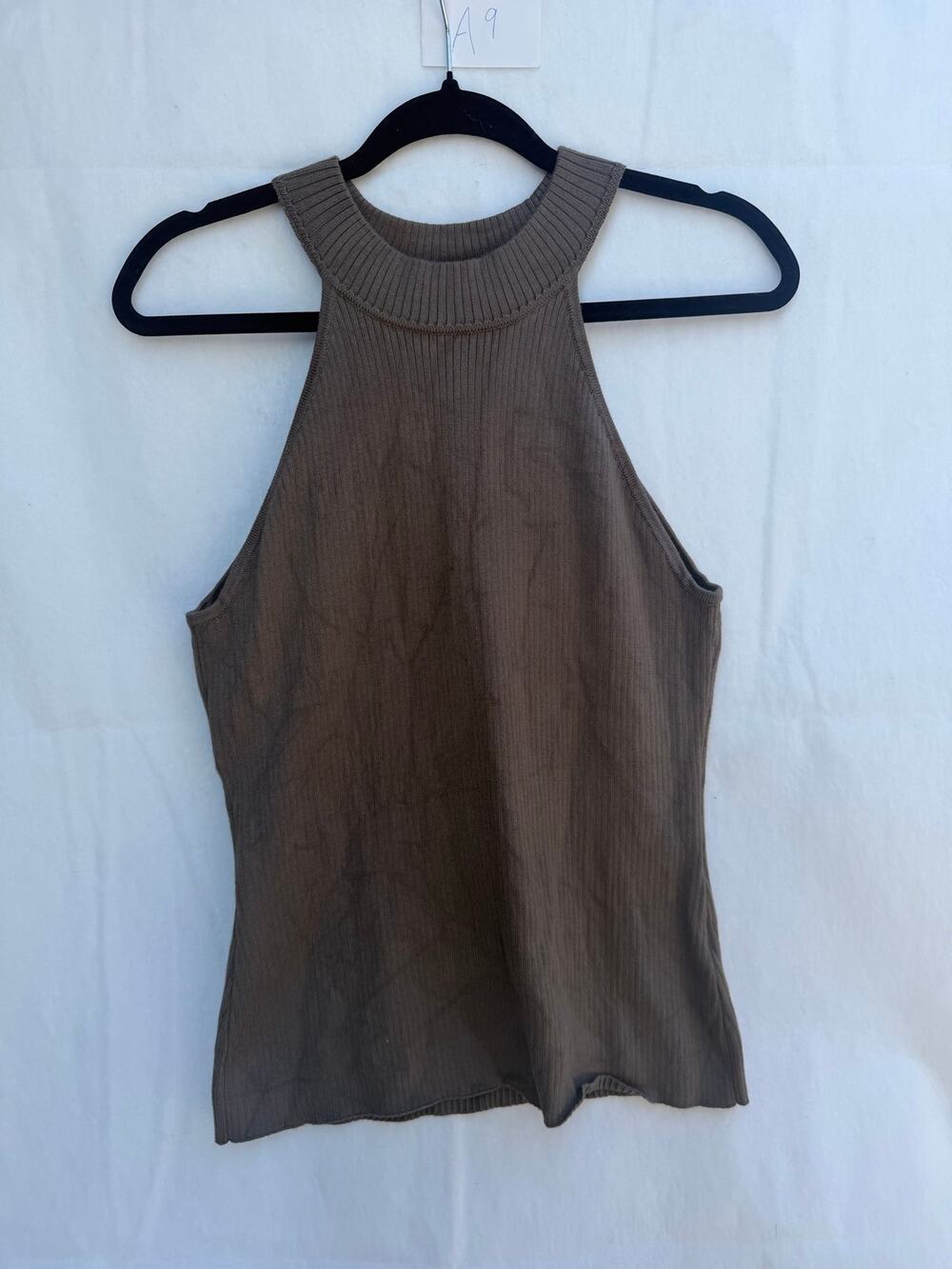 Guess Women's Olive Green Ribbed High Neck Halter Knit Top ( Small)